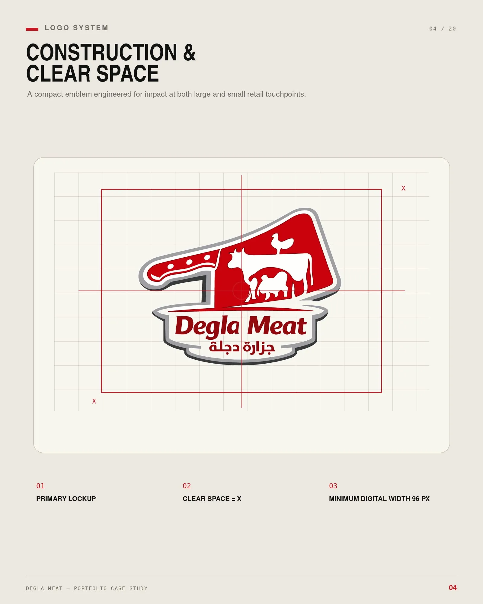 Logo construction board — the cleaver-and-badge mark worked out on a construction grid