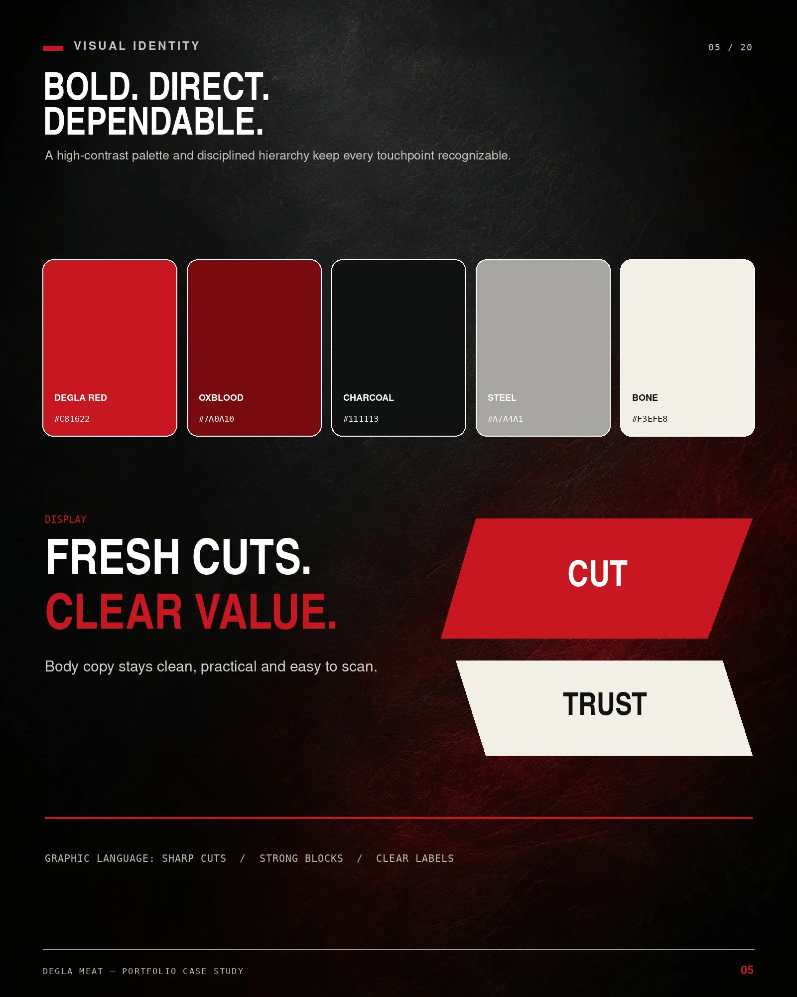 Visual identity board — the red, black and white palette with the bilingual lockup