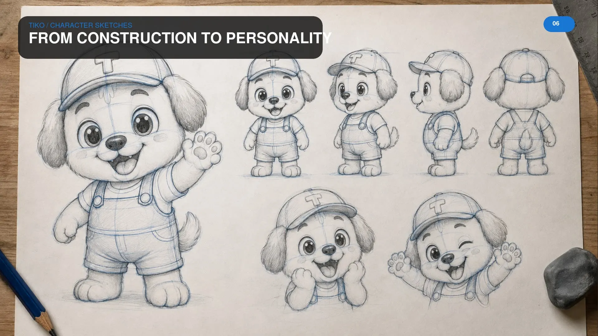 Tiko sketch exploration — hand-drawn passes searching for the silhouette before the model sheet was locked