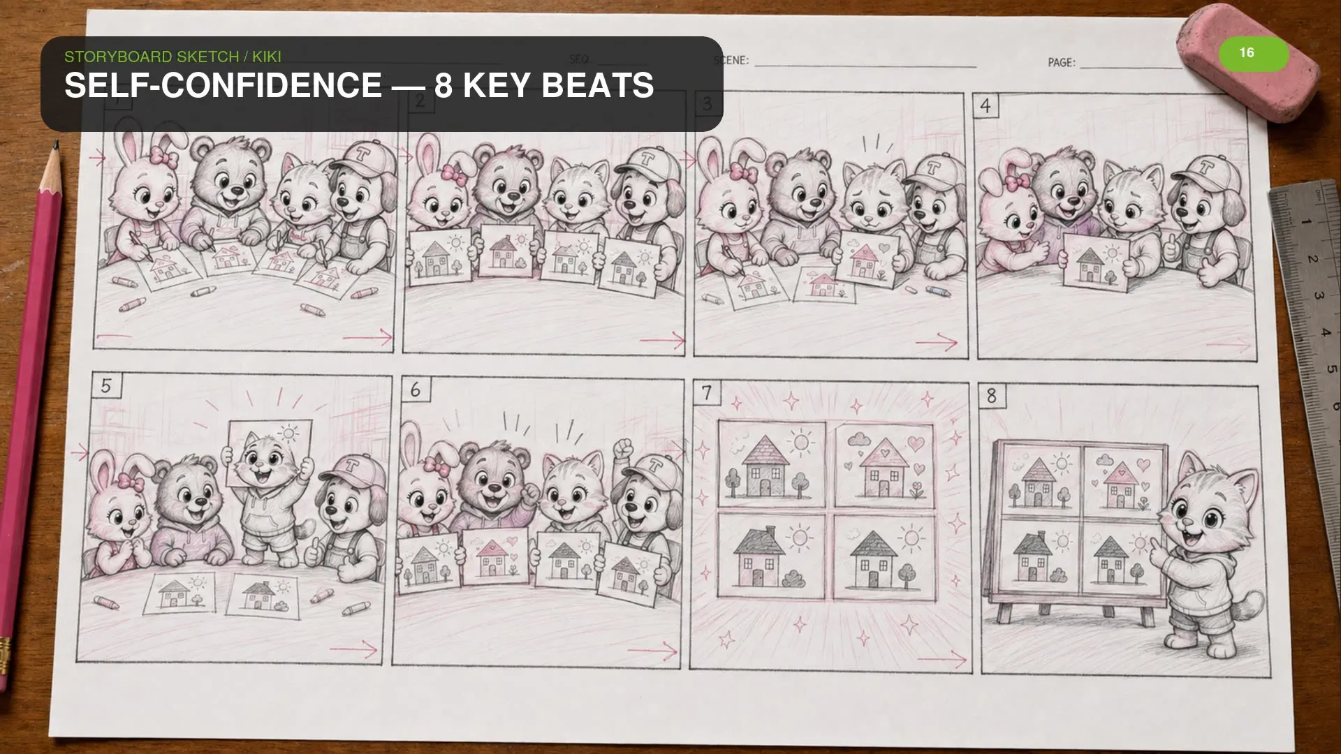 A storyboard for Kiki broken into timed scenes across a ten-second reel
