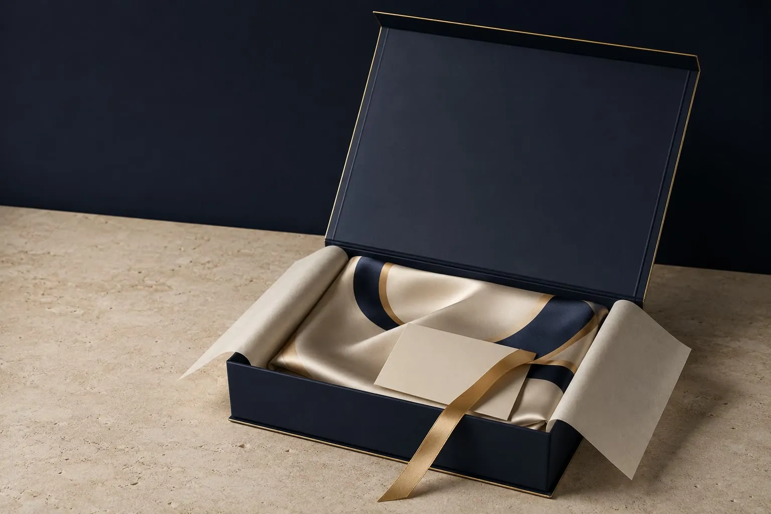 Packaging as a ritual — soft-touch navy, warm ivory tissue and restrained gold, built so opening the box is part of the product