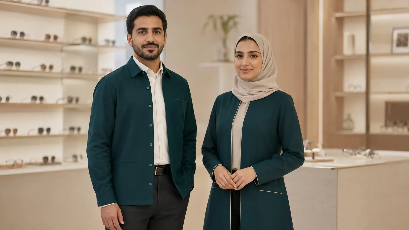 Two staff members in branded uniforms on the retail floor, framed by wall-mounted frame displays