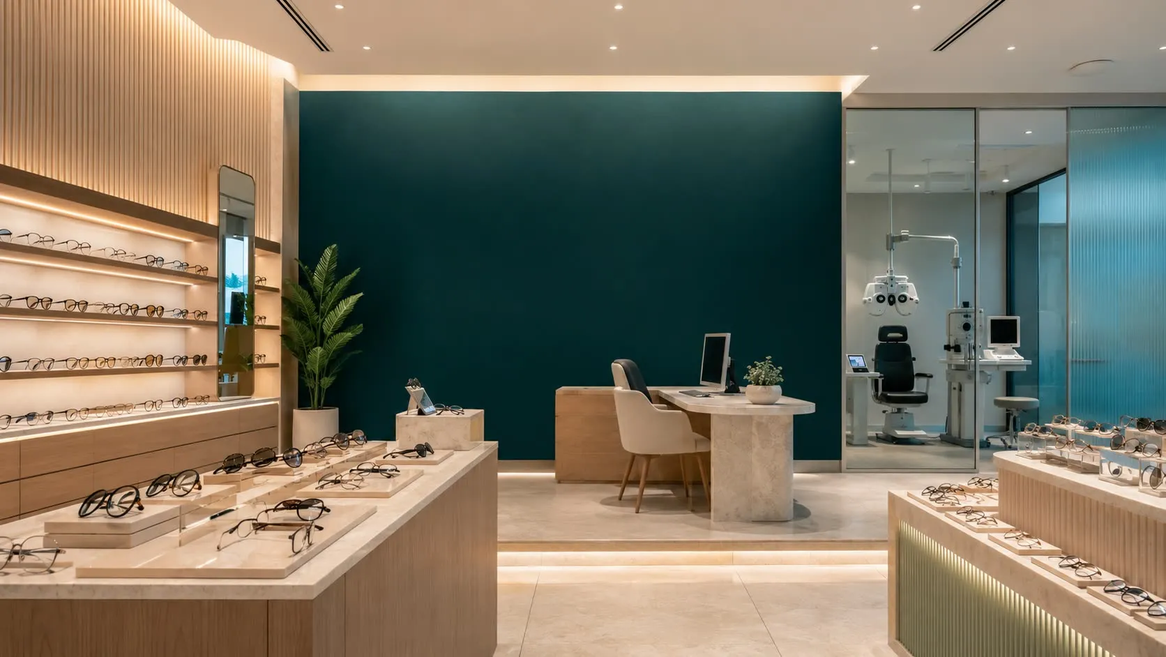 Retail interior running into the clinic space — frame display at the front, examination area in depth