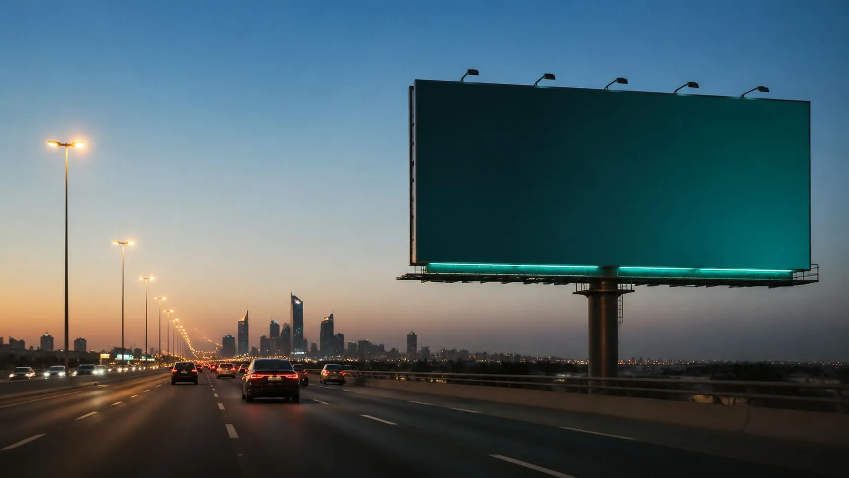Highway billboard carrying the Arabic headline رؤية أنقى، حضور أرقى with the lockup at the right